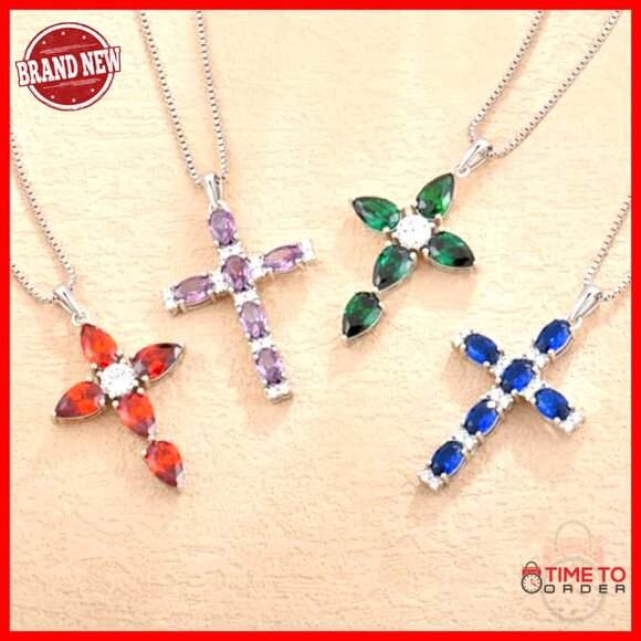 Sterling Silver Cross Pendant Necklace Oval Birthstone Religious Jewelry Gift - Picture 6 of 7